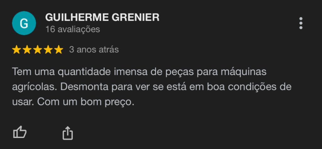 Descrição de um review de peças para trator